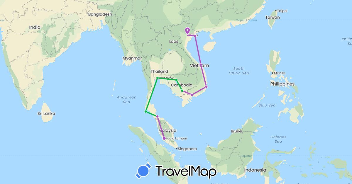 TravelMap itinerary: driving, bus, train in Cambodia, Malaysia, Thailand, Vietnam (Asia)